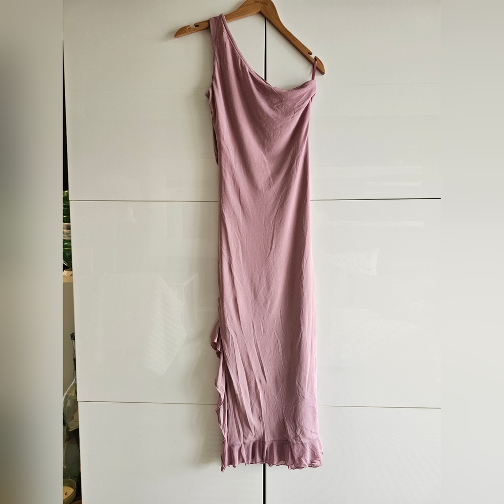 New One Shoulder Ruched Midi Dress Pink Sheer Ruffle Hem - Picture 7 of 8